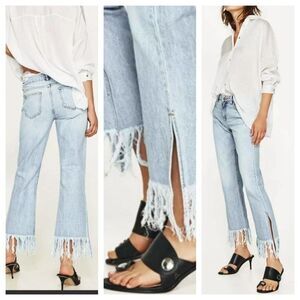 Zara Light Blue Flare Jeans with Fringe Hem
